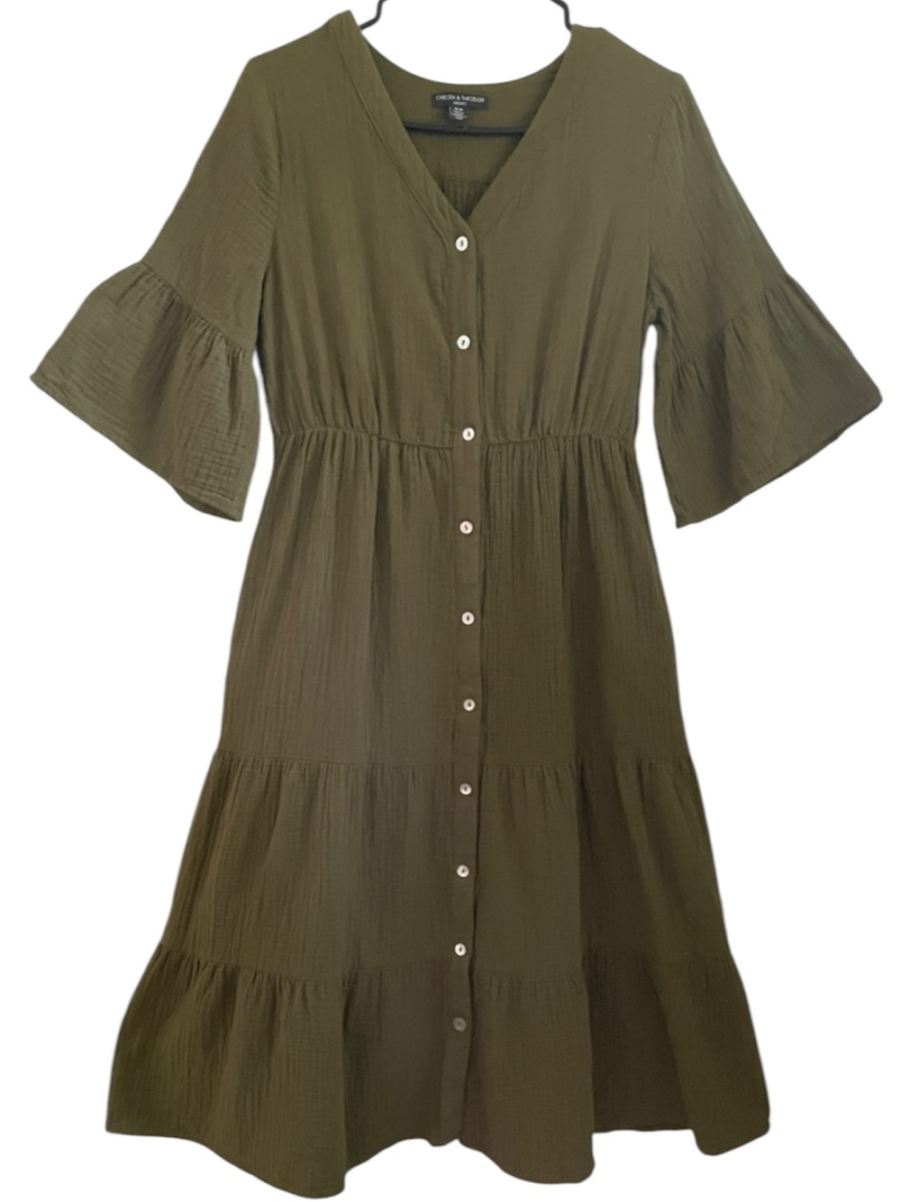 Chelsea & Theodore Olive Green Cotton Button-Front Tiered Ruffled Midi Dress M